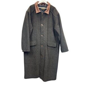 Eddie Bauer Coat Mens XL Brown Herringbone Wool Leather Vtg